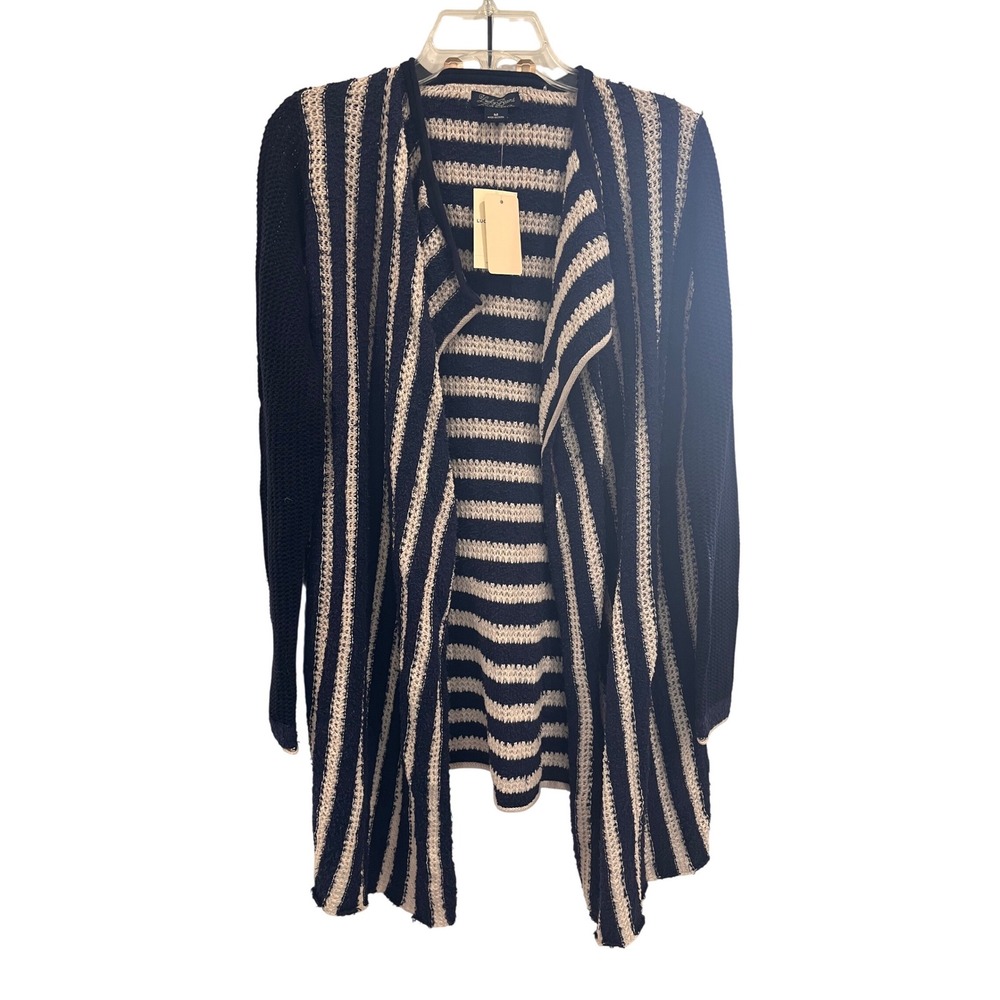 Lucky Brand Womens Navy Cream Striped Open Front Cardigan Sweater Medium‎ NEW